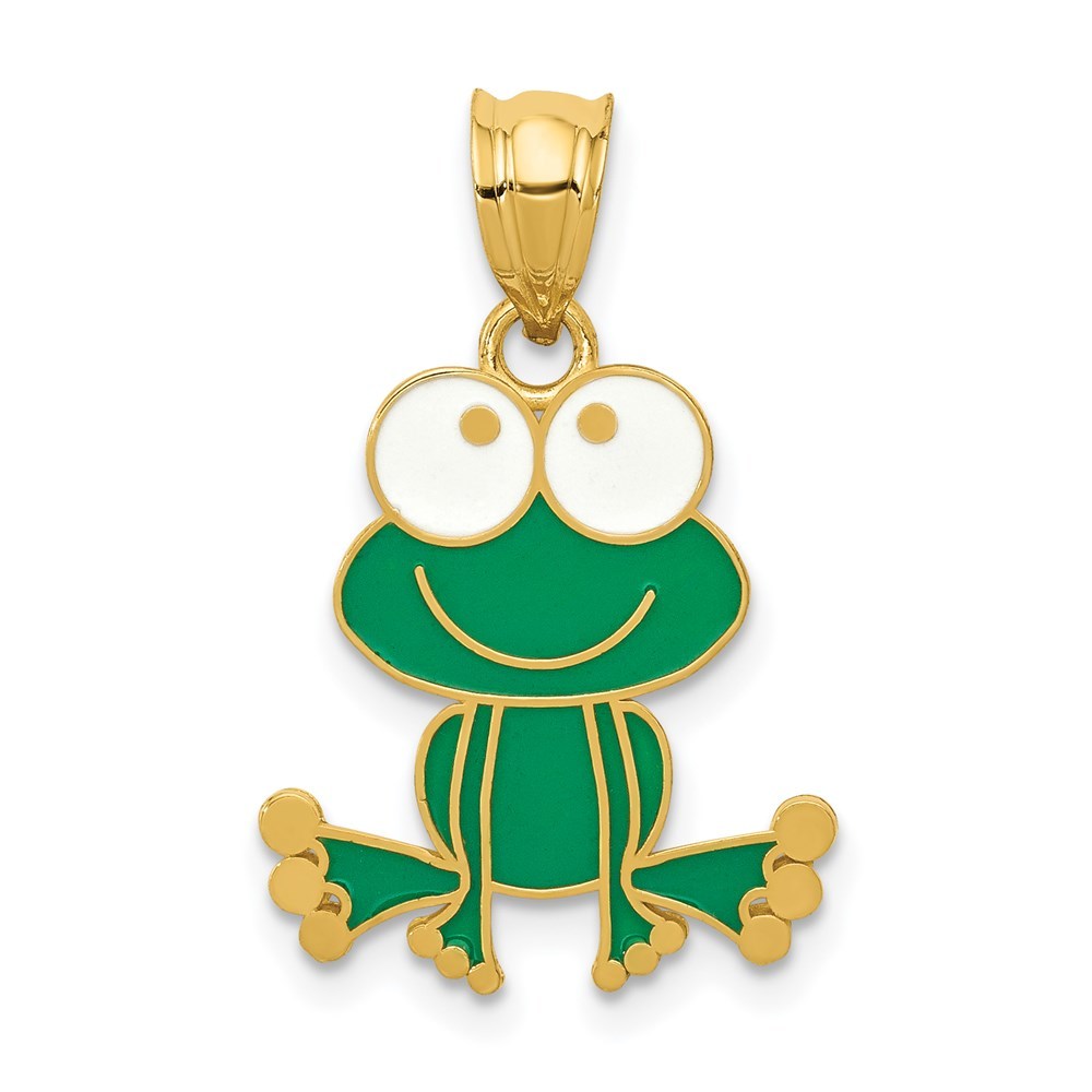 14K Yellow Gold Green and White Enameled Children's Frog Charm Pendant